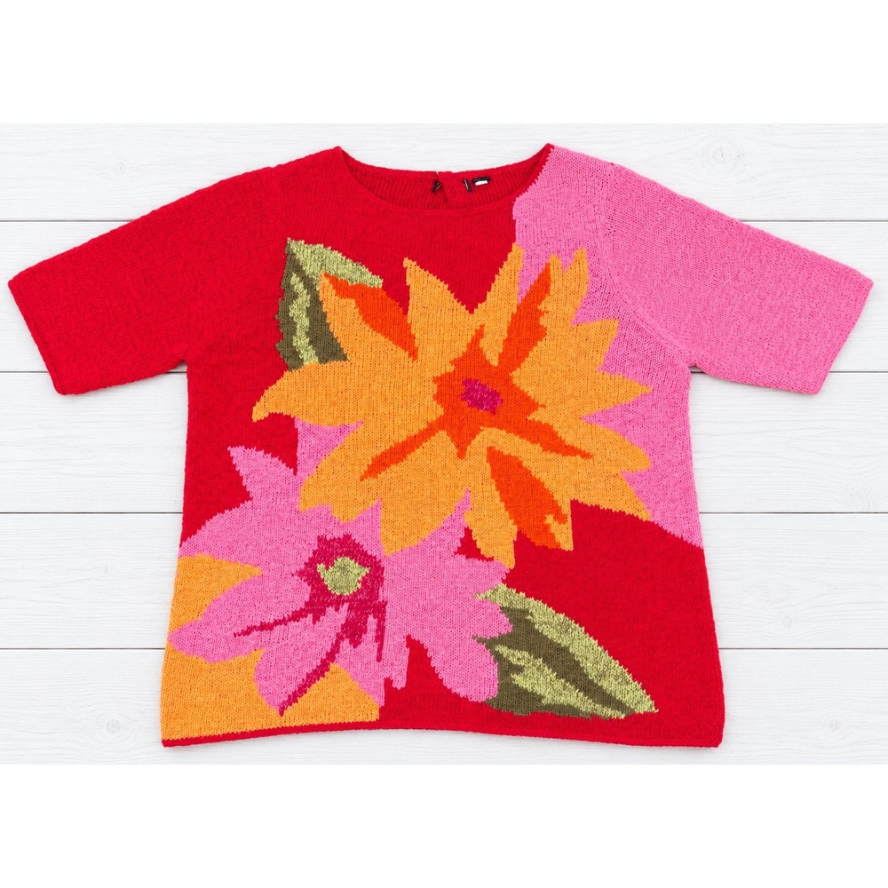 Floral Knit Short Sleeve Sweater Bold Colorful Cottagecore Boho Graphic Top XL